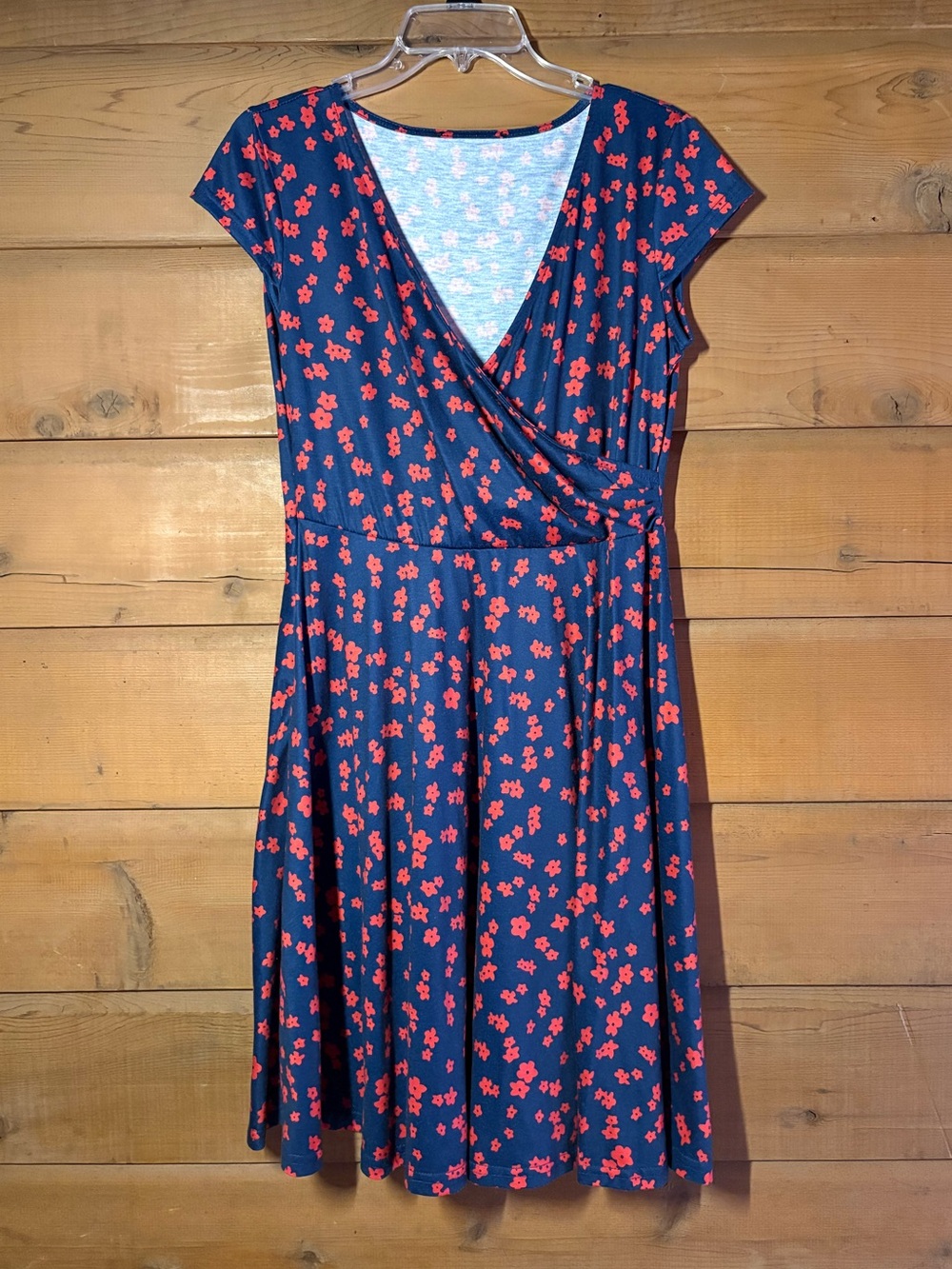 Navy Midi Wrap Dress with Red Floral Print- Vintage Inspired Dress- Size L